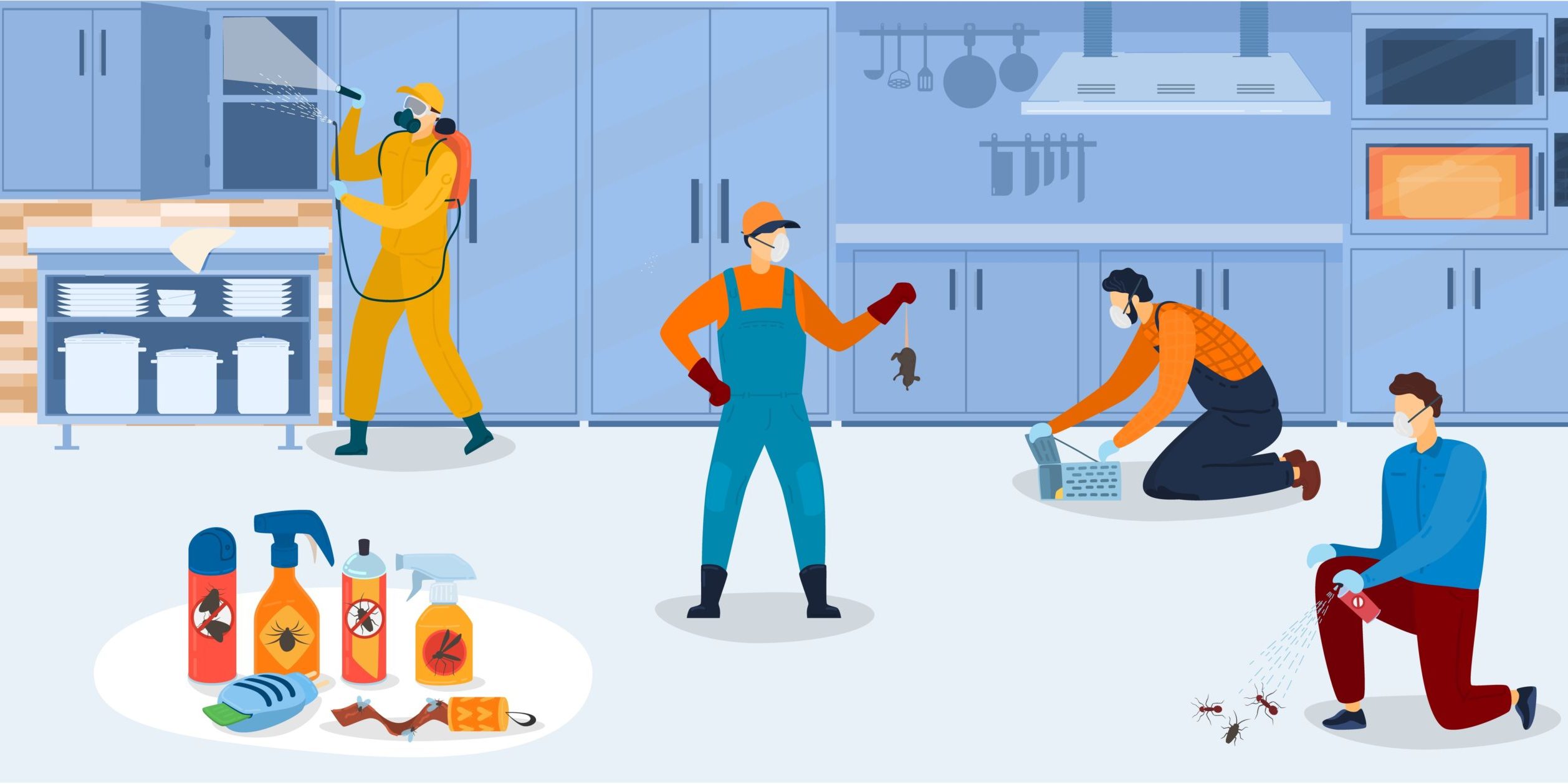 Disinfection in kitchen, workers of pest control service in uniform sanitary processing of kitchen with insecticide chemical sprays vector illustration. Insects and rodents pest control exterminators.